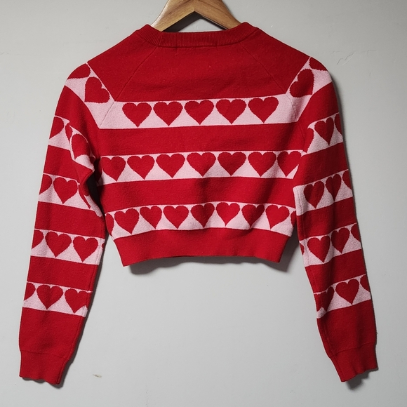 Altar'd State Vibrant Pink Red Heart Crop Long Sleeve Crew Sweater Top XS - Picture 2 of 3